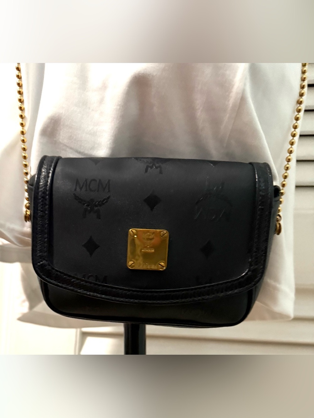 MCM Vintage and RARE Black Logo Crossbody with Gold chain!